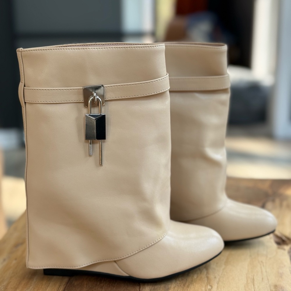 Fold Over Almond Toe Mid Calf Wedge Heel Pull On Boots (Women’s 37 / US 6.5)